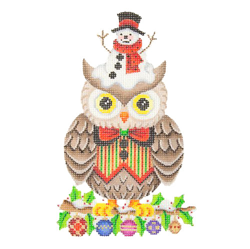 BB 2301 - Owl on Holly Branch with Snowman