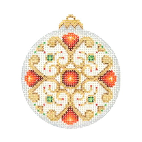 BB 2892 - Jeweled Christmas Ball - Pearl & Gold with Red Jewels