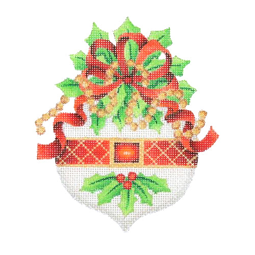 BB 3070 - Jeweled Christmas Ornament - White with Holly & Red Bow